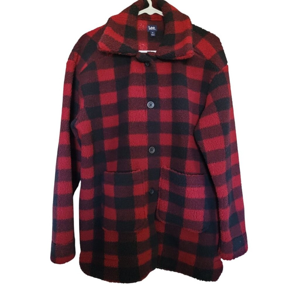 Lee‎ Shirt Jacket Womens M Red Black Buffalo Plaid Fleece Sherpa Shacket Pocket